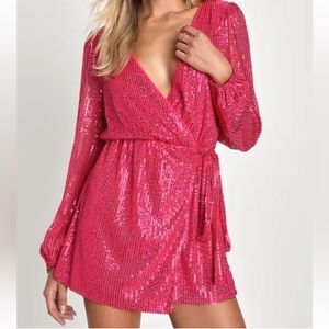Lulu’s Glamorous Essence Hot Pink Sequin Faux Wrap Romper